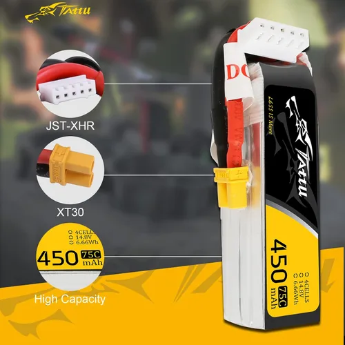 Vista 3 de Gens ace Tattu 4S Lipo Batería 14.8 V 450 mAh 75C Lipo Batería XT30 Plug para H Frame Mini RC Racing Drone FPV