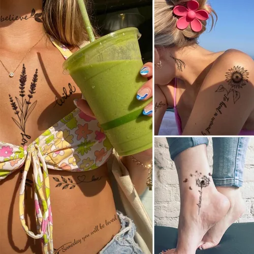 Vista 4 de CHARLENT Tatuajes temporales con palabras de flores para mujeres y niñas, de larga duración, impermeables, realistas, negros, sexis, tatuajes