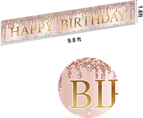 Vista 6 de Cartel de feliz cumpleaños de oro rosa rosa para mujer, pancarta de feliz cumpleaños para puerta y suministros de fiesta, grande 16, 21, 30, 40, 50