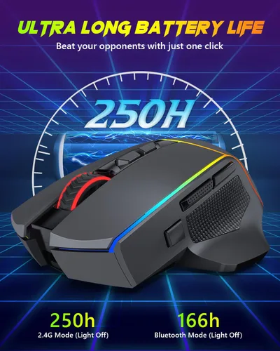 Vista 6 de Redragon Ratón inalámbrico para juegos, Tri-Mode 2.4GUSB-CBluetooth ergonómico, 8000 DPI, mouse inalámbrico programable con retroiluminación RGB