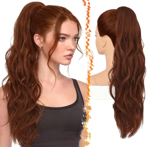 Vista 12 de BARSDAR 25 Inch Synthetic Dual Claw Clip Auburn Brown Loose Wavy Ponytail