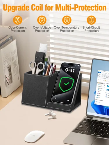 Vista 9 de TopMade Cargador inalámbrico con soporte para lápiz para bolígrafo, organizador de mesita de noche de escritorio multifuncional de cuero, estación
