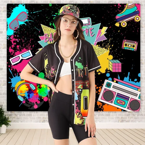 Vista 5 de Traje de los años 80 y 90 para mujer, disfraz unisex de hip hop, camiseta de béisbol, pantalones de yoga, sombrero de pescador, cadena dorada