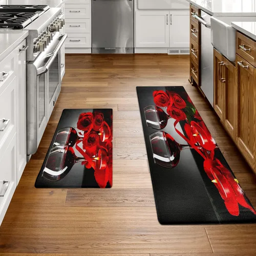 Vista 2 de Juego de 2 alfombras y tapetes de cocina de vino tinto, diseño de rosas modernas, antifatiga, antideslizantes, lavables, para cocina, fregadero