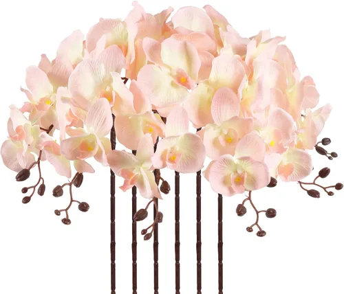 Vista 24 de Orquídeas artificiales de 38 pulgadas, 6 unidades, orquídeas falsas rosas, orquídeas de seda de terciopelo, flores artificiales de tallo largo