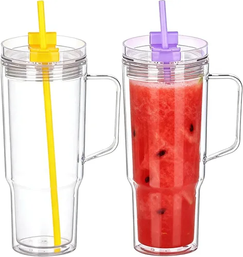 Vista 11 de Vasos de plástico de 40 onzas con asa, tapa de rosca con popote incluido, botella de agua reutilizable de doble pared a prueba de fugas, taza