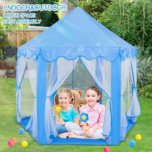 Vista 2 de Sumbababy - Tienda de campaña de castillo de princesa para niñas, de juego, hexagonal, azul, con luces de estrella de hadas, juguetes para niños