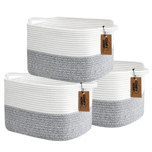 Vista 16 de COMFY-HOMI Cestas de almacenamiento de 11.5 x 7.5 x 4.7 pulgadas para organizar, cesta tejida de cuerda de algodón, caja de almacenamiento de marrón