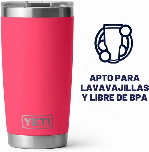 Vista 4 de YETI Rambler - Vaso de acero inoxidable con tapa MagSlider, 20 onzas, color rosa Bimini.