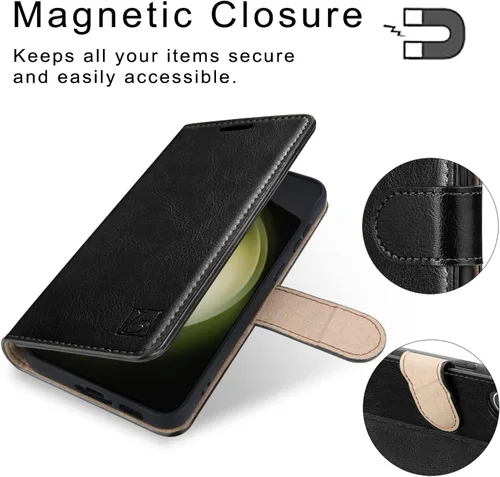 Vista 6 de Belemay Funda tipo cartera para Samsung Galaxy S24 – Funda protectora de piel auténtica con tapa – Tarjeteros con bloqueo RFID – Funda para teléfono