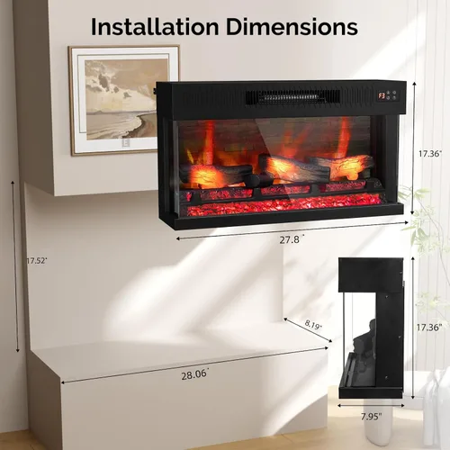 Vista 6 de Bonnlo Chimenea eléctrica de vidrio de 3 caras de 28 pulgadas de ancho con aplicación y control remoto, calentador de chimenea falso realista con 6