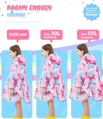 Vista 2 de WAWSAM Poncho de lluvia ligero para niños, impermeable, reutilizable