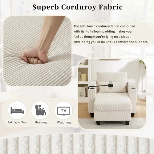 Vista 10 de ERYE Tumbona versátil de 37.4 pulgadas, sofá convertible flexible con brazos de almacenamiento, puertos USB y portavasos, tumbona reclinable