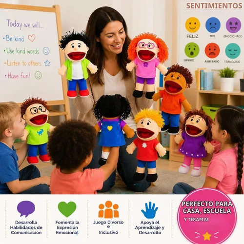Vista 3 de Fun Express – Muñecos de felpa Happy kids Colección multiétnica (1 paquete de 8), Multicolor