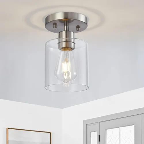 Vista 2 de Lámpara de techo semiempotrada de 1 luz, lámparas de techo de níquel cepillado, lámparas modernas para montaje en techo, luces de techo con pantalla