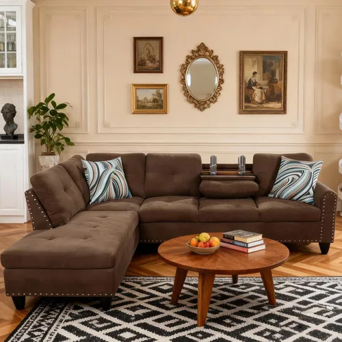 Vista 6 de Sofá Seccional en Forma de L con Portavasos, Juego de Sala de 97 Pulgadas con Chaise, Sofás Seccionales con Ribete de Tachuelas, para Sala de Estar