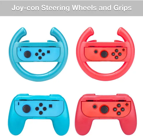 Vista 4 de Kit de accesorios para Nintendo Switch, 1 funda de transporte, 2 empuñaduras, 2 ruedas de dirección, 1 funda de cristal para interruptor, 2 fundas