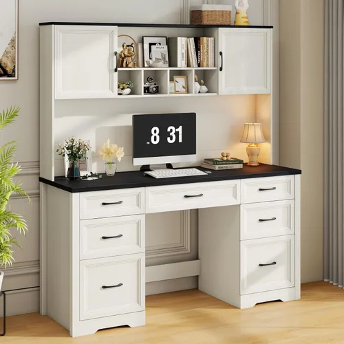 Vista 12 de Halitaa Escritorio ejecutivo de granja con cajones, escritorio de madera para computadora con amplio cajón de archivos, escritorio rústico
