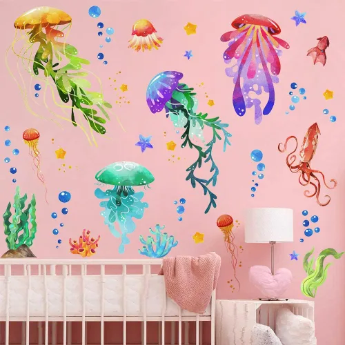 Vista 7 de Calcomanías de pared creativas 3D extraíbles bajo el mar, coloridas medusas y algas marinas, calcomanías de pared subacuáticas con vista al océano