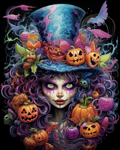 Vista 18 de Pintura por números retrato de niña con sombrero de mago Tucocoo, pintura DIY en lienzo con pinceles, pinturas acrílicas, calabaza de Halloween