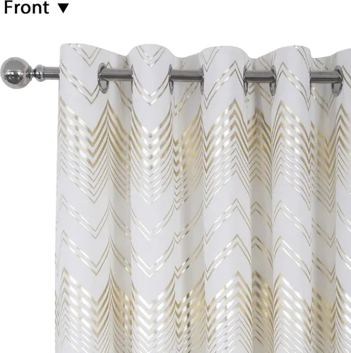 Vista 3 de always4u - Cortinas de terciopelo suave con estampado de lámina 84 pulgadas de largo, cortinas de chevron blanco y dorado, tratamiento de lujo