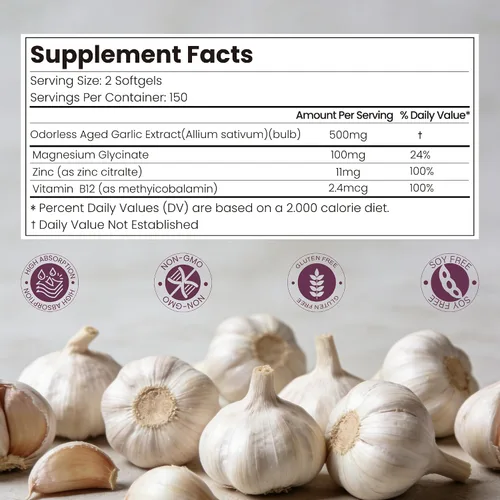 Vista 3 de Extracto de ajo envejecido 4 en 1 10,113 mg Zinc, magnesio y B12 300 cápsulas blandas Suplementos de ajo inodoro Apoyo antioxidante, apoyo