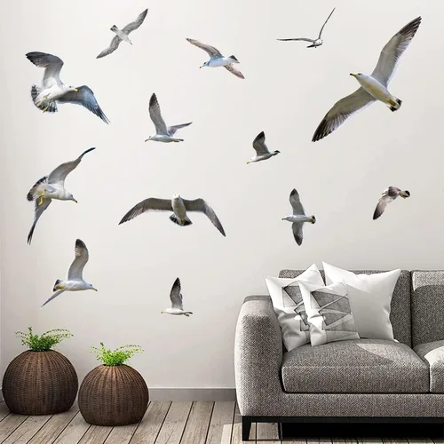 Vista 5 de Calcomanías de pared de gaviota removibles 3D, decoración artística, temática de playa, rebaño, pájaros, calcomanías de pared autoadhesivas