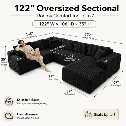 Vista 2 de Sofás seccionales de nube de gran tamaño para sala de estar, sofá modular de 7 plazas en forma de U de 122 pulgadas con diván, asiento profundo