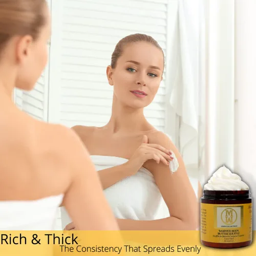 Vista 4 de OMM Collection Soufflé de mantequilla corporal batida natural para piel seca y dañada - Manteca de karité batida con vitamina E y A, aceite de coco