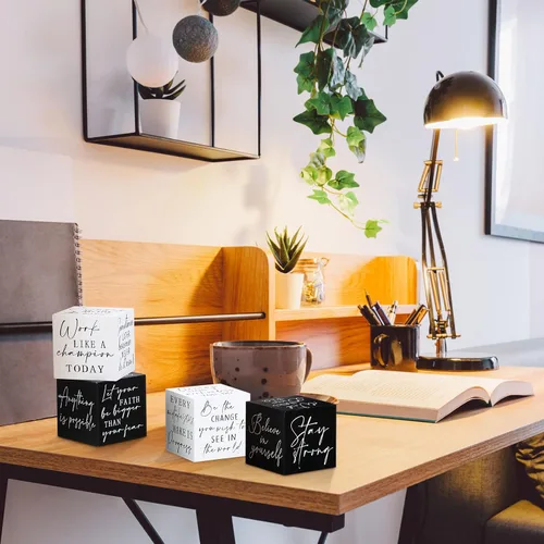 Vista 6 de Pinkunn 4 piezas inspiradoras de decoración de escritorio, regalo para hombres y mujeres, mini letreros inspiradores de madera para decoración