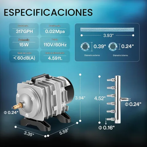 Vista 2 de VIVOSUN Bomba de aire comercial 317GPH 15W 6 salidas 20 L/Min para acuario y sistemas hidropónicos Aireador de estanque de burbujas para acuarios