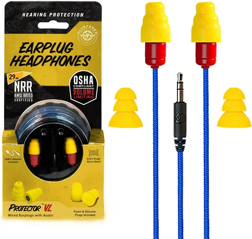 Vista 10 de Plugfones Protector Volume Limited Audio Earbuds, tapones para los oídos compatibles con OSHA con sonido, negro y rojo