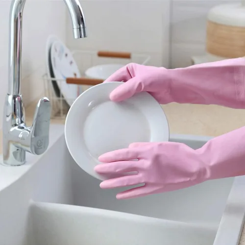 Vista 4 de HSL Guantes de limpieza para el hogar, guantes reutilizables para lavar platos de cocina sin látex, forro de algodón, impermeables, antideslizantes