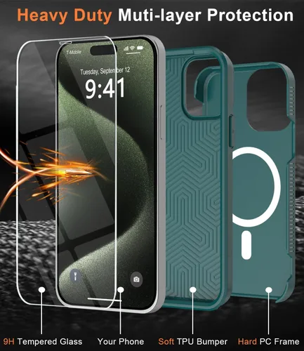 Vista 5 de Funda magnética para iPhone 15 Pro Max, compatible con MagSafe, grado militar de 10 pies, anticaídas, con protector de pantalla de vidrio templado