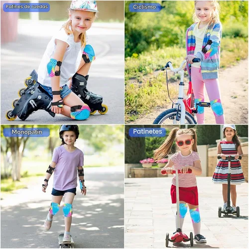 Vista 2 de Rodilleras para niños, juego de equipo de protección ajustable con bolsa de malla, rodilleras y coderas, protector de muñeca para niñas, patines