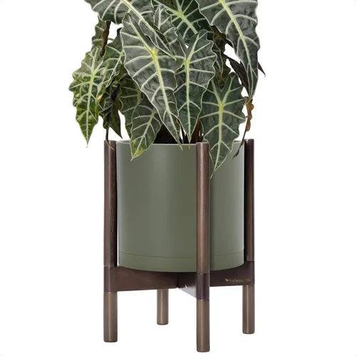 Vista 23 de Maceta de D'vine Dev con soporte - Maceta de flores de cilindro de plástico de 8.0 pulgadas con soporte de madera para interiores, maceta mate negra