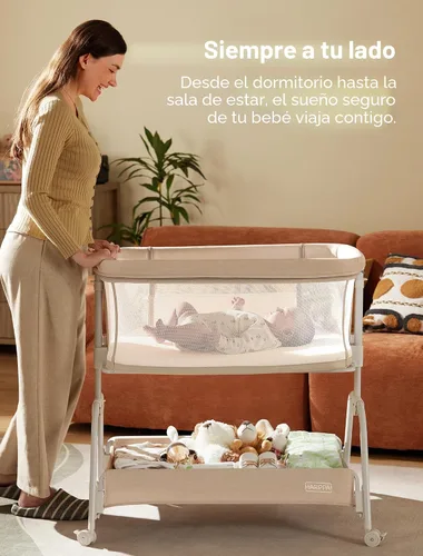 Vista 6 de HARPPA Moisés Acogedor, Moisés de Bebé 2 en 1 con Malla Transpirable y Colchón, 6 Alturas Ajustables, Cuna Lateral con Correa de Anclaje, Cesta