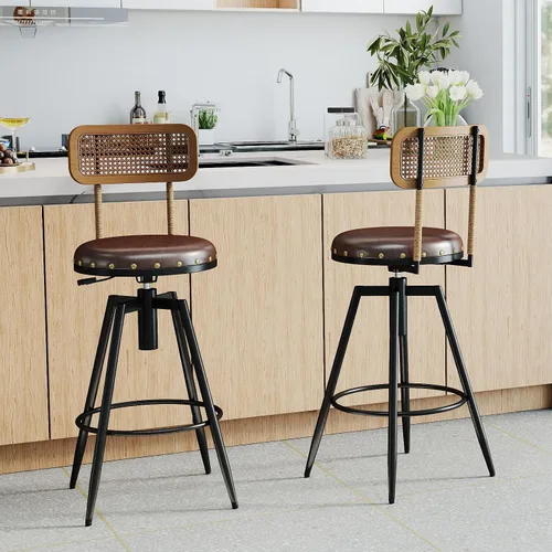 Vista 9 de Taburete de bar giratorio ajustable de 42 pulgadas con respaldo, taburetes rústicos de altura de bar, silla de bar de 360 grados para comedor, isla