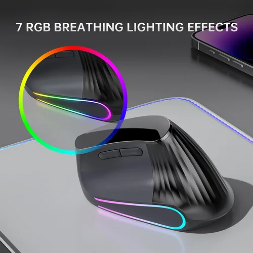 Vista 7 de Ratón vertical ergonómico inalámbrico, Bluetooth con desplazamiento ultrarrápido de 4800 DPI recargable, ratón óptico RGB de 2.4G con clics