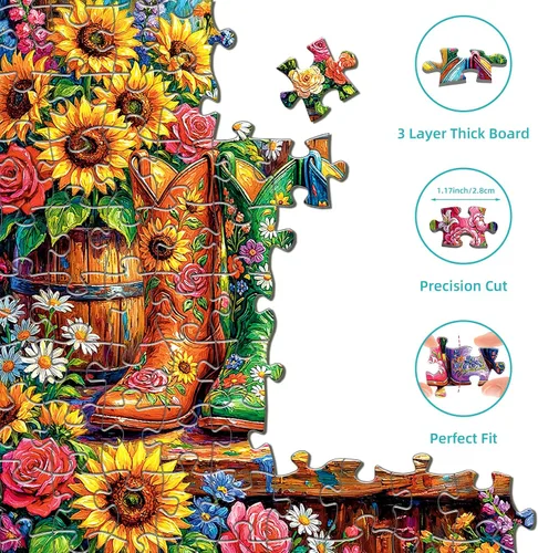 Vista 3 de Rompecabezas de 1000 piezas para adultos, rompecabezas de botas de flores coloridas, rompecabezas de jardín de botas florales de plantas
