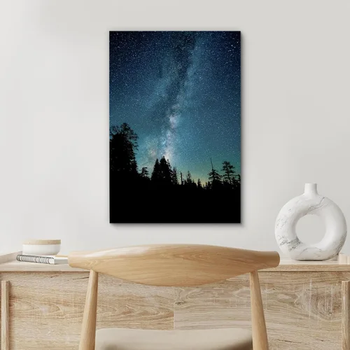 Vista 4 de SIGNFORD - Cuadro en lienzo para pared, silueta de bosque con estrellas azul marino y verde azulado, naturaleza, fotografía, realismo, decoración