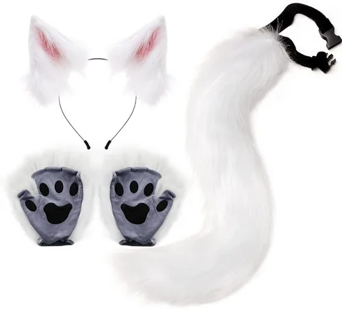 Vista 5 de Angela0123 - 1 juego de guantes de diadema con orejas de zorro de felpa diadema de lolita cola de gato cosplay para mujer fiesta de máscaras pelo