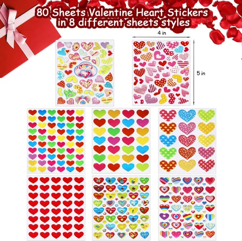 Vista 2 de 80 hojas de calcomanías de San Valentín para niños, calcomanías decorativas de corazón para sobres, tarjetas, manualidades, álbumes de recortes