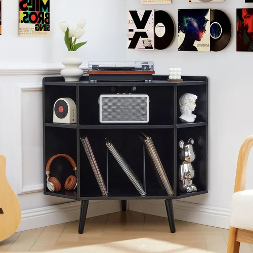 Vista 12 de Soporte para tocadiscos de 45.3 pulgadas con almacenamiento de vinilo, mesa giratoria de madera con capacidad para hasta 350 álbumes, moderno