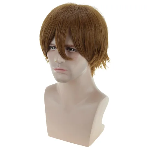 Vista 2 de RightOn Peluca marrón corta para disfraz, pelucas cortas marrones para hombre y mujer, fiesta de cosplay