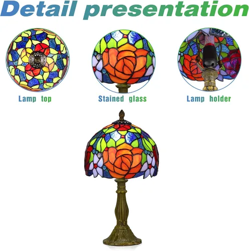 Vista 4 de Tiffany Style Lamp Rose Flower Lámpara de mesa de vidrieras rosa roja 8 x 8 x 14 pulgadas lámpara de escritorio de oficina en casa luces decorar