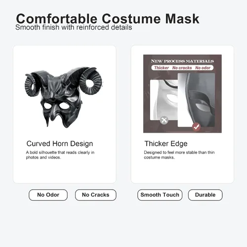 Vista 4 de MCJC Máscara con cuernos de cabra de diablo, accesorios de cosplay de Halloween, máscara de media cara para adultos, 4