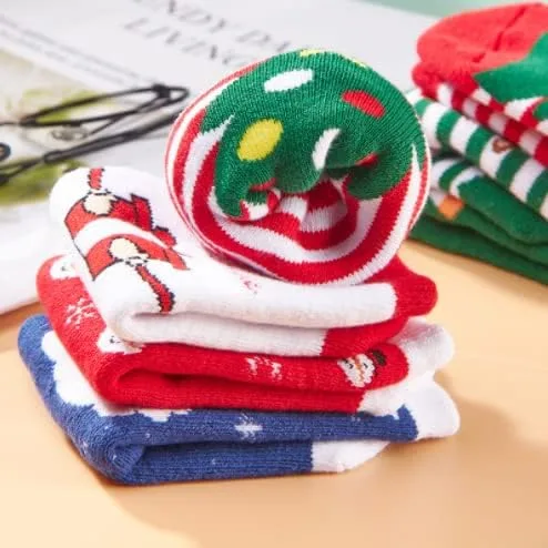 Vista 6 de SPTRAMLE Calcetines de Navidad para niños recién nacidos para niñas y niños 0-9 años 6 pares de calcetines navideños para bebés