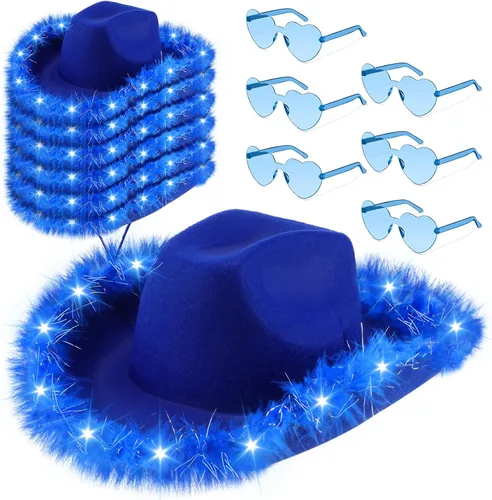 Vista 12 de Zhanmai 6 Pcs Cowgirl Light up Hat with Feather and Heart Sunglasses Negro