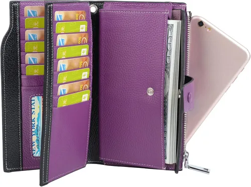 Vista 7 de YALUXE Cartera de piel auténtica para mujer, con bloqueo RFID, tarjetero múltiple con bolsillo para teléfono celular